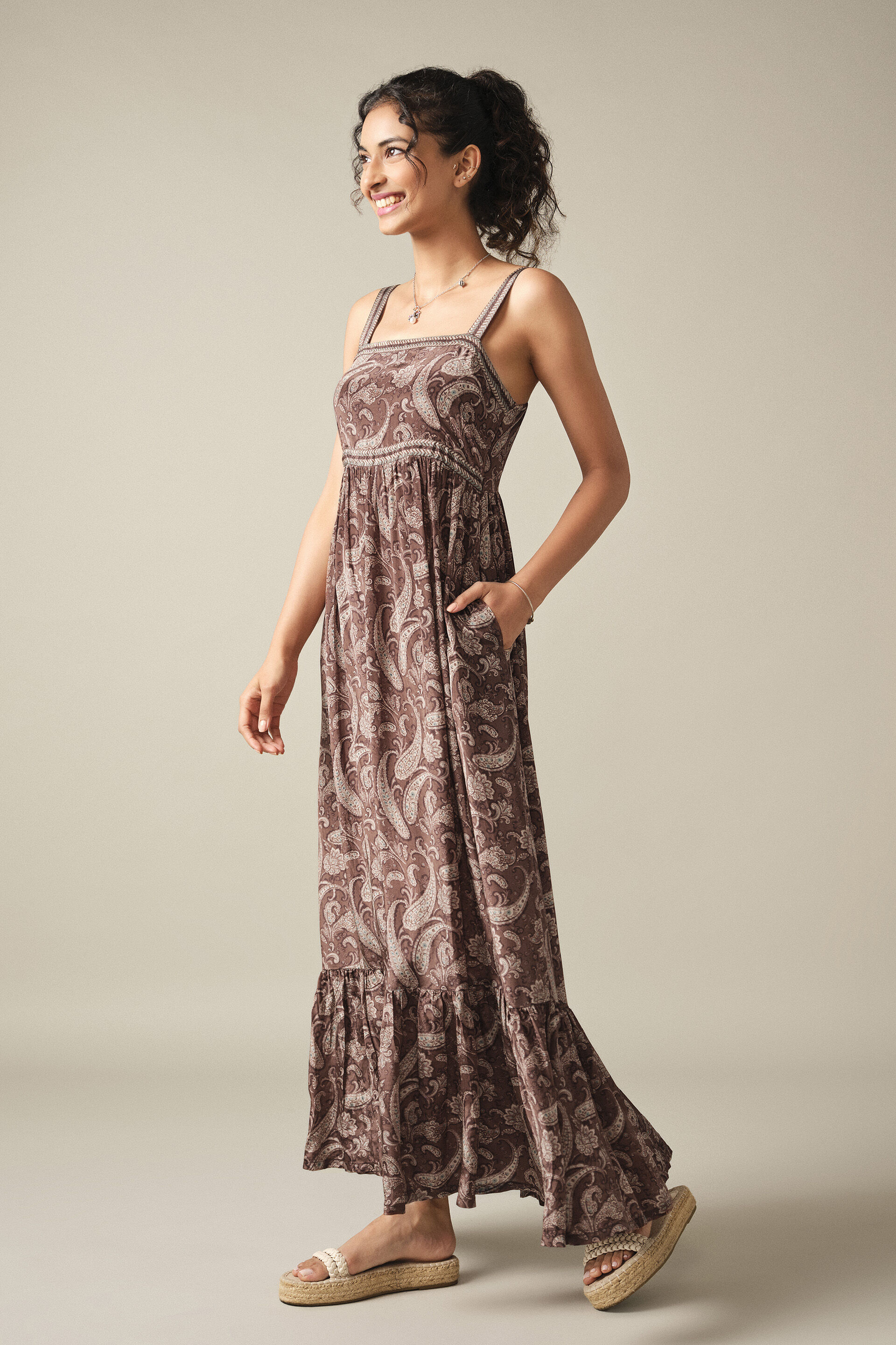 Tiered Paisley Print Maxi Dress in Brown, Brown, image 2
